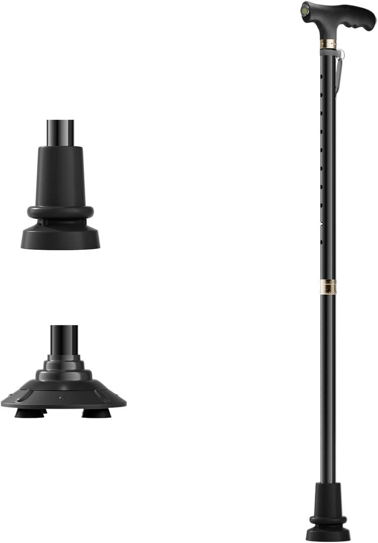 Walking Cane for Men/Women, with LED Light, Convertible Base, Height Adjustment and Foldable Walking Stick, with Integrated Stand-Assist Handle& Ergonomic Contoured Grip for Senior