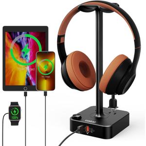 COZOO Headphone Stand with USB Charger Desktop Gaming Headset Holder Hanger with 3 USB Charging Station and 2 Outlets Power Strip,Suitable for Gaming, DJ,Wireless Earphone Display, Gamer Gifts for Men (1.Black(PD & QC3.0))
