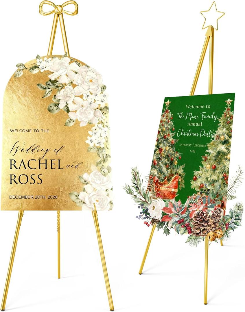 Interchangeable Bow & Star Top Gold Easel Stand for Sign, 62"47" Height Adjustable Heavy Duty Wedding Easel Stand with 3 Display Modes Perfect for Welcome Signs, Christmas Decor, Parties & Events