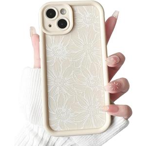 NITITOP Compatible with iPhone 15 Plus Case Silicone Cute Flower Floral Sunflowers Design for Women Girls Artistic Soft TPU Shockproof Full Camera Protection Girly Phone Cover - White