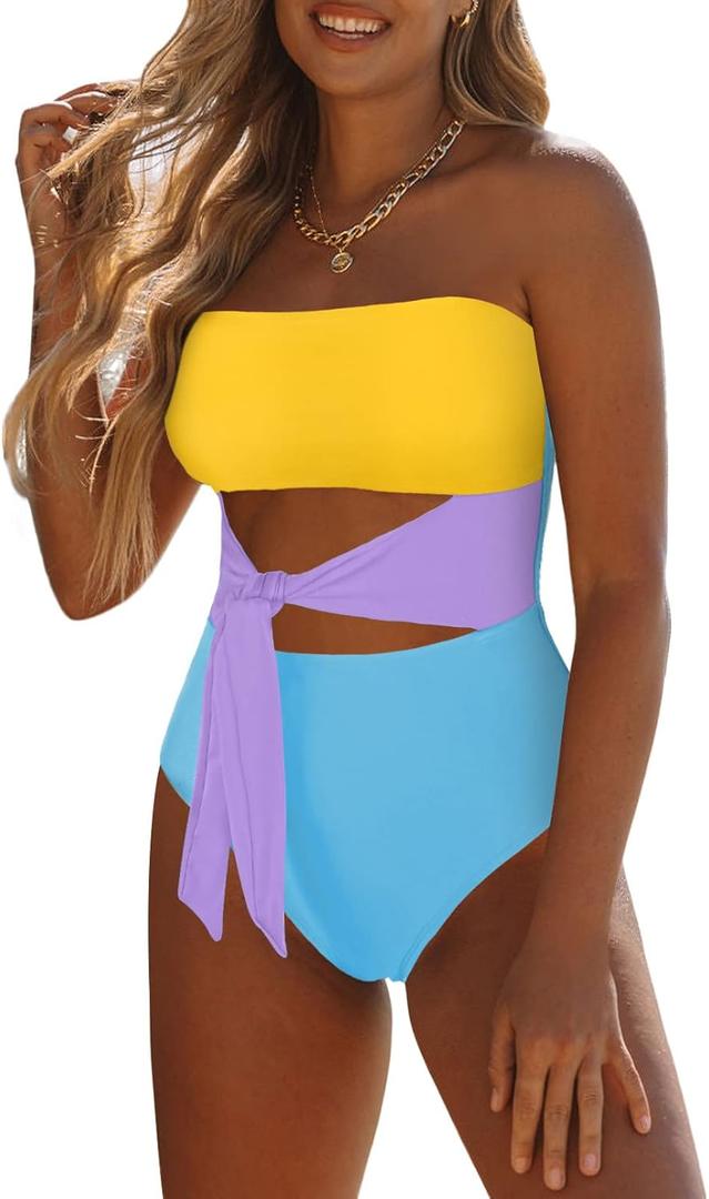 Viottiset Women's Bandeau One Piece Swimsuit Strapless Tie High Cut Out Bathing Suit (X-Large, Yellow Blue)