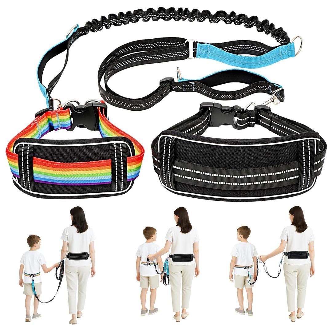 Waist Leash Harness with Soft Cushion for Autism Special Needs ADHD/ASD Children, Hands Free Safety Walking Harness with Light Reflector and 3 Padded Handles, Kids Adjustable Elopement Tether Leash (Rainbow)