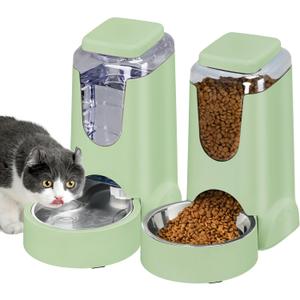 2 Pack Automatic Cat Feeder and Stainless Steel Water Dispenser, Gravity Dog Waterer Set Food Feeder and Waterer Set for Small Medium Kitten Puppy Pets(1 Gallon x 2, Green)
