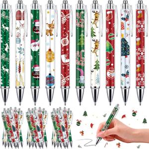 50 Pcs Christmas Pens Gift Bulk Cute Red Green Merry Christmas Retractable Ballpoint Gel Ink Pens Novelty Reindeer Santa Tree for Xmas Coworkers Holiday Parties Office Writing Supplies