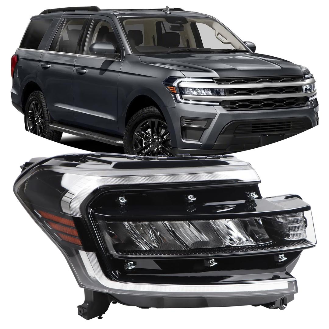 YEQSHNG RH Without DRL Black Trim Strip Headlight Assembly Compatible with 2022-2024 Ford Expedition XLT Headlamp Right Passenger Side NL1Z-13008-P NL1B-13E014-CP