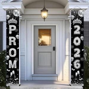 AIBIIN Prom Decorations 2026 Prom Send Off Decorations 2026 Porch Sign Black Silver Sparkle PROM Porch Banner Welcome Sign for High School College Graduation Party Supplies 