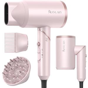 ANNLARY Pink Hair Dryer with Comb | 1800W Blow Dryer with Diffuser for Curly Hair | Plasma Ionic Hairdryer for Frizz Control | Foldable & Protable Design for Travel | 6.5 ft ALCI Cord for Women and Men