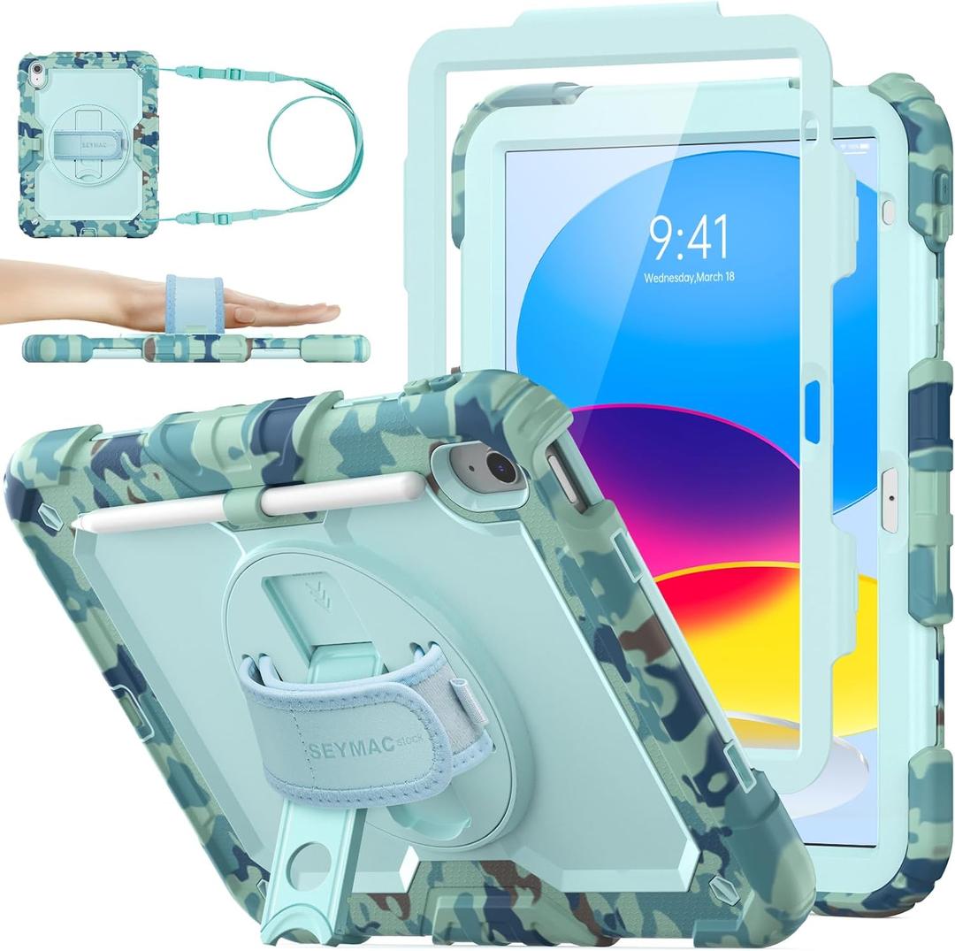 SEYMAC stock Case for iPad (A16) 11th/10th Generation 11''/10.9'' 2025/2022, Full-Body Drop Protection Case with Screen Protector &360 Rotate Hand Strap/Stand, SkyBlue Camo