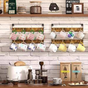 Coffee Mug Holder Rack Organizer - Wall Mounted Rack to Hold Up to 16 Mugs (2Pack), Rustic Wood Cup Organizer Rack & Display Shelf for Kitchen, Coffee Bar, Home, Office (4-Tier)