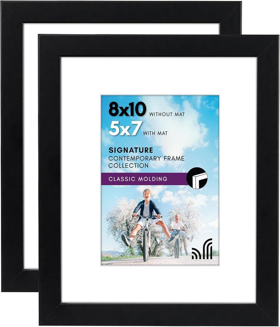 Americanflat 8x10 Picture Frame with Shatter-Resistant Glass - Set of 2 - Use as 5x7 Frame with Mat or Display 8x10 Photo Without Mat - Signature Collection - Photo Frames for Tabletop or Wall - Black