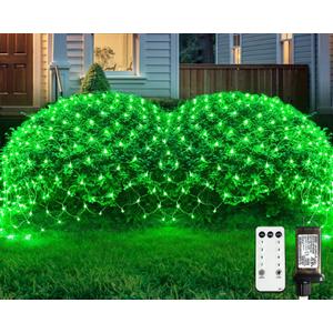 JMEXSUSS Green Christmas Net Lights 360 LED 12ft x 5ft Bush Lights Outdoor Plug in 8 Modes with Remote Connectable for Christmas Patrick Day Decorations, Clear Wire