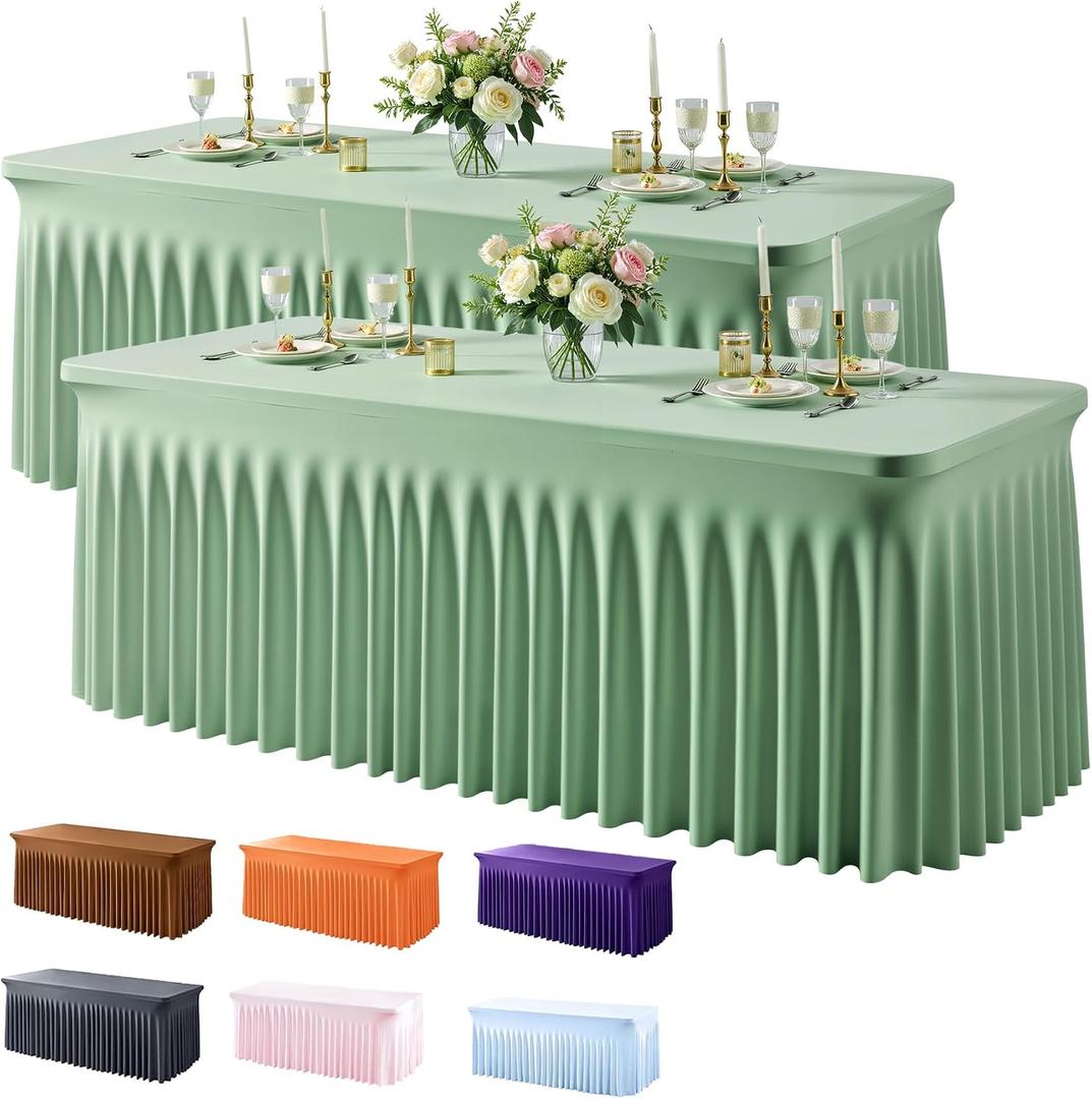 2 Pack Sage Green Spandex Fitted Tablecloth 6 Foot - Stretch Table Clothes for 6 FT Rectangle Table, Washable Ruffles Elastic for Weddings, Buffet, Banquet, Trade Craft Show, Party Celebration