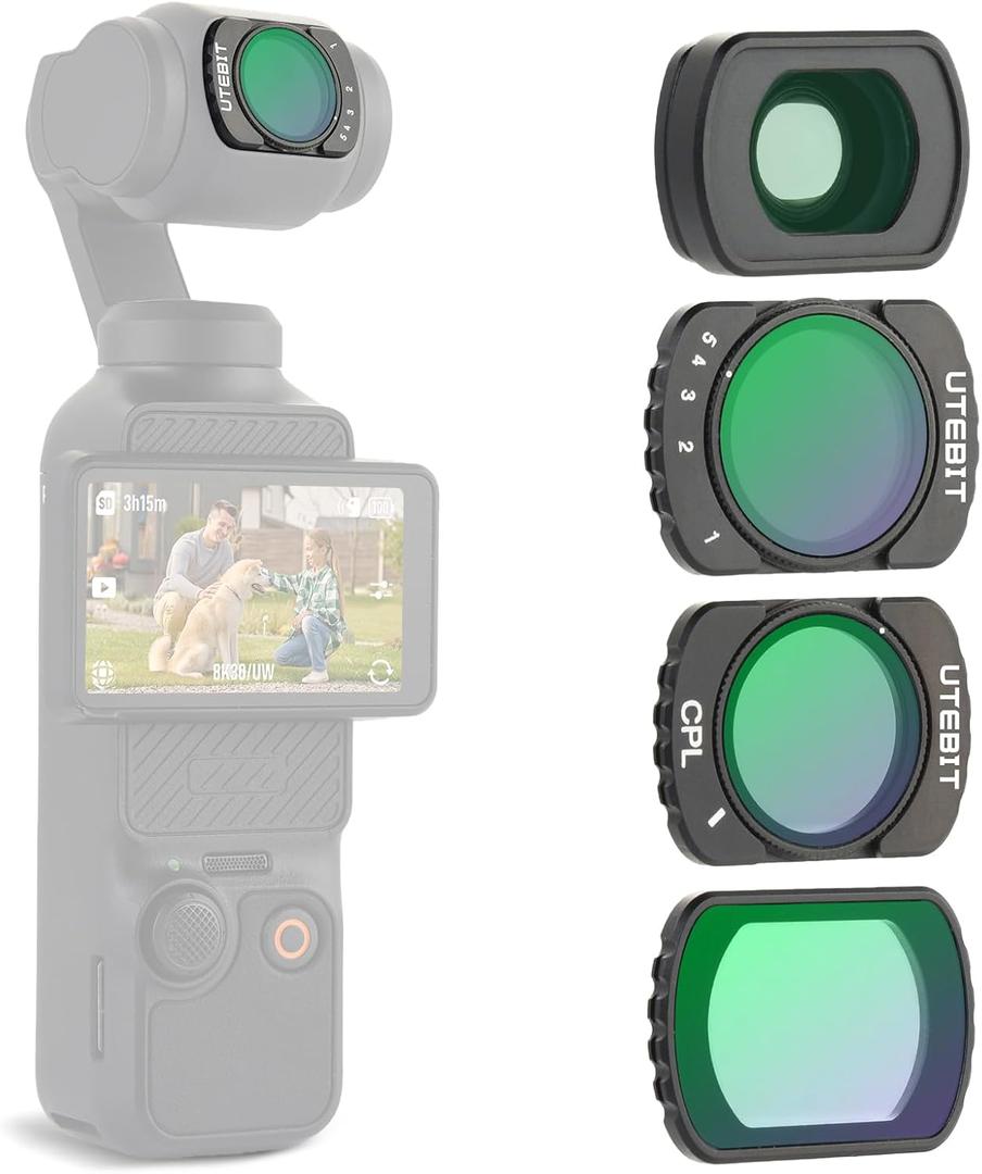 UTEBIT 3 Pack Filter Set with 0.75X Wide Angle Lens,Magnetic Variable Fader ND2-32 CPL Filter Black Diffusion 1/4 Filter Compatible with DJI Osmo Pocket 3 Creator Combo, Multiple Lens/HD Optical Glass