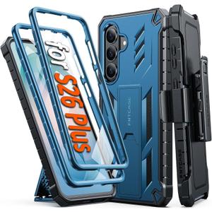 FNTCASE for Samsung Galaxy S26+ Plus Case: with Belt-Clip Holster | Kickstand | 2 Front Frames | Built-in Screen Protector Military Grade Protection Rugged Protective Case for S26 Plus 6.7 inch Blue