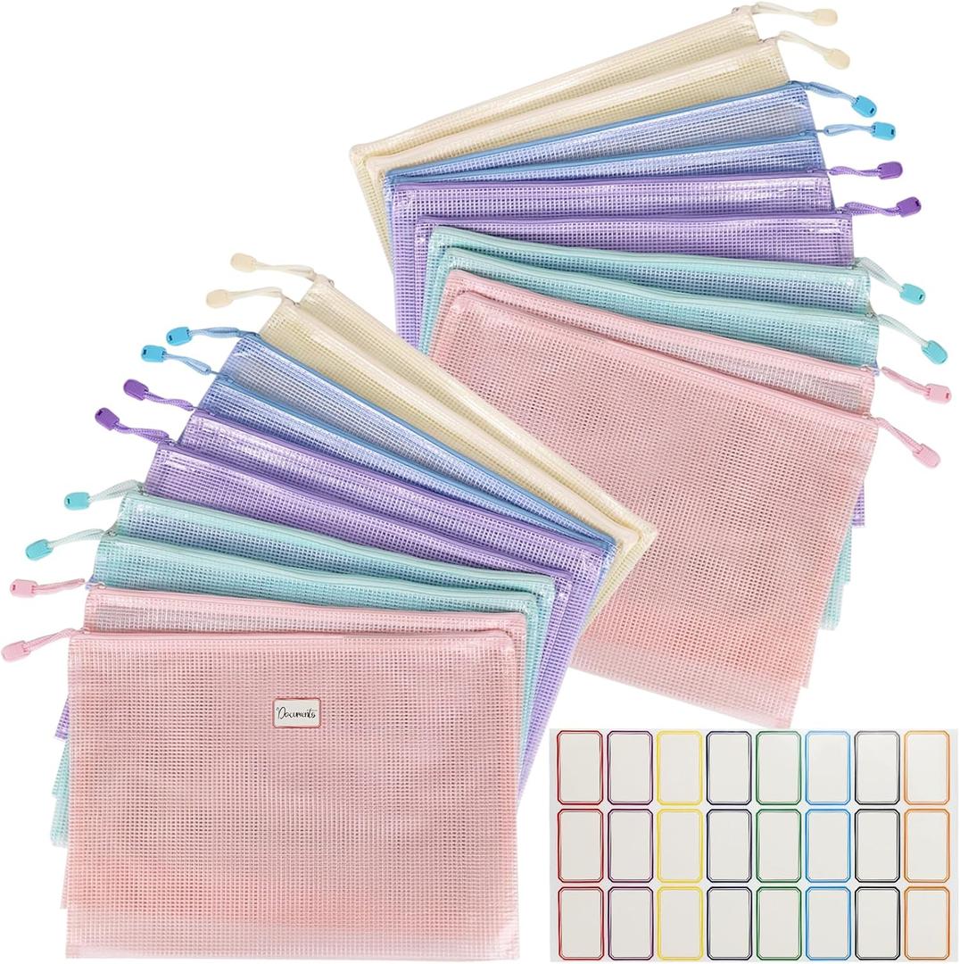 MultiBey 20 Pack A4 Mesh Zipper Pouch Bags with Labels, Waterproof Plastic Zipper Pouches for Organizing Board Games, Puzzles, Documents Office Supply and Home Organizer, 5 Macaron Colors