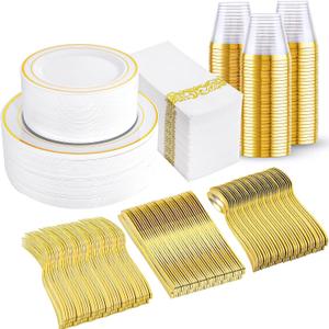 I00000 350Pcs Gold Dinnerware Set for 50 Guests, Gold Plastic Plates for Party, Include: 100 Disposable Plastic Plates, 50 Paper Napkins, 50 Cups, 50 Silverware Set Perfect for Party & Wedding