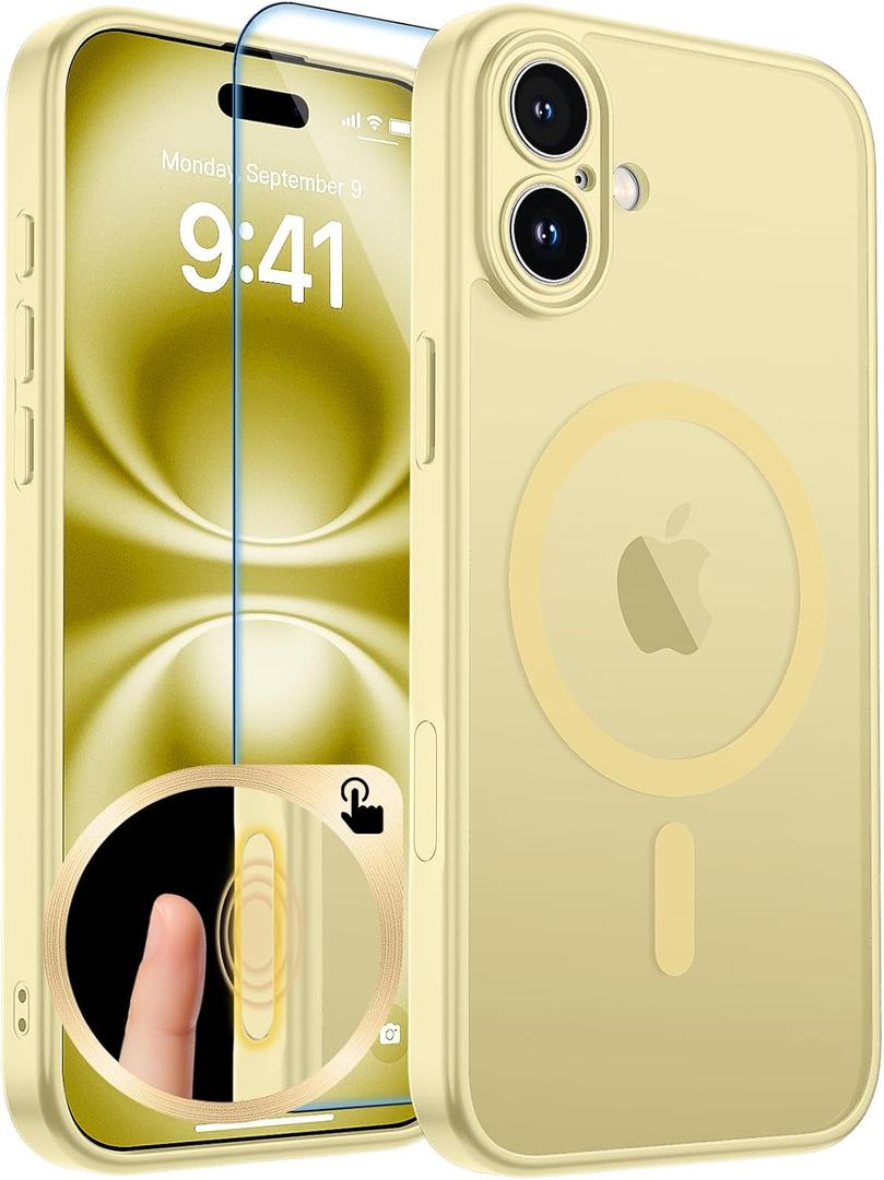 zapica Magnetic for iPhone 16 Plus Case, Upgraded [Camera Control Button] [Full Camera Protection] [with 1 Screen Protector] Translucent Matte Shockproof Protective Phone Cover, Yellow