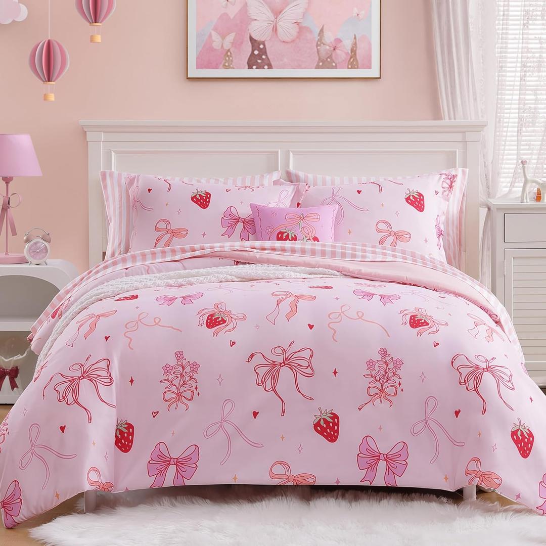 Wink Deer Twin Comforter Set for Girls-5 Pieces Pink Bow Twin Bedding Sets for Kids, Ultra Soft Bed in A Bag with Sheets