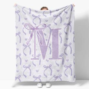 Purple Bow Throw Blanket, Personalized Initial M Soft Fluffy Cozy Flannel Blanket, Monogrammed Gifts for Daughter Women Teen Girls, Customized Blanket for Bedding Bedroom Office, 50x60 Inches