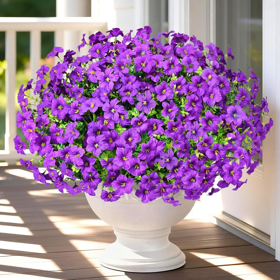 Yastouay Artificial Flowers for Outdoors, 12 Bundles Fake Outdoor Flowers, UV Resistant Artificial Petunias Fake Flowers, Purple Realistic Fake Plants for Porch Patio Garden Decor