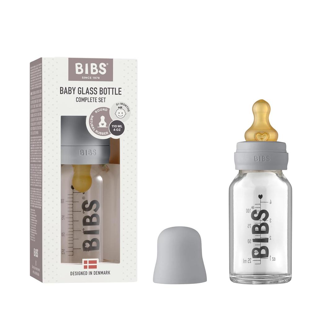 BIBS Baby Glass Bottle, Anti-Colic, Round Natural Rubber Latex Nipple, Supports Natural Breastfeeding, Complete Set - 110 ml, Cloud