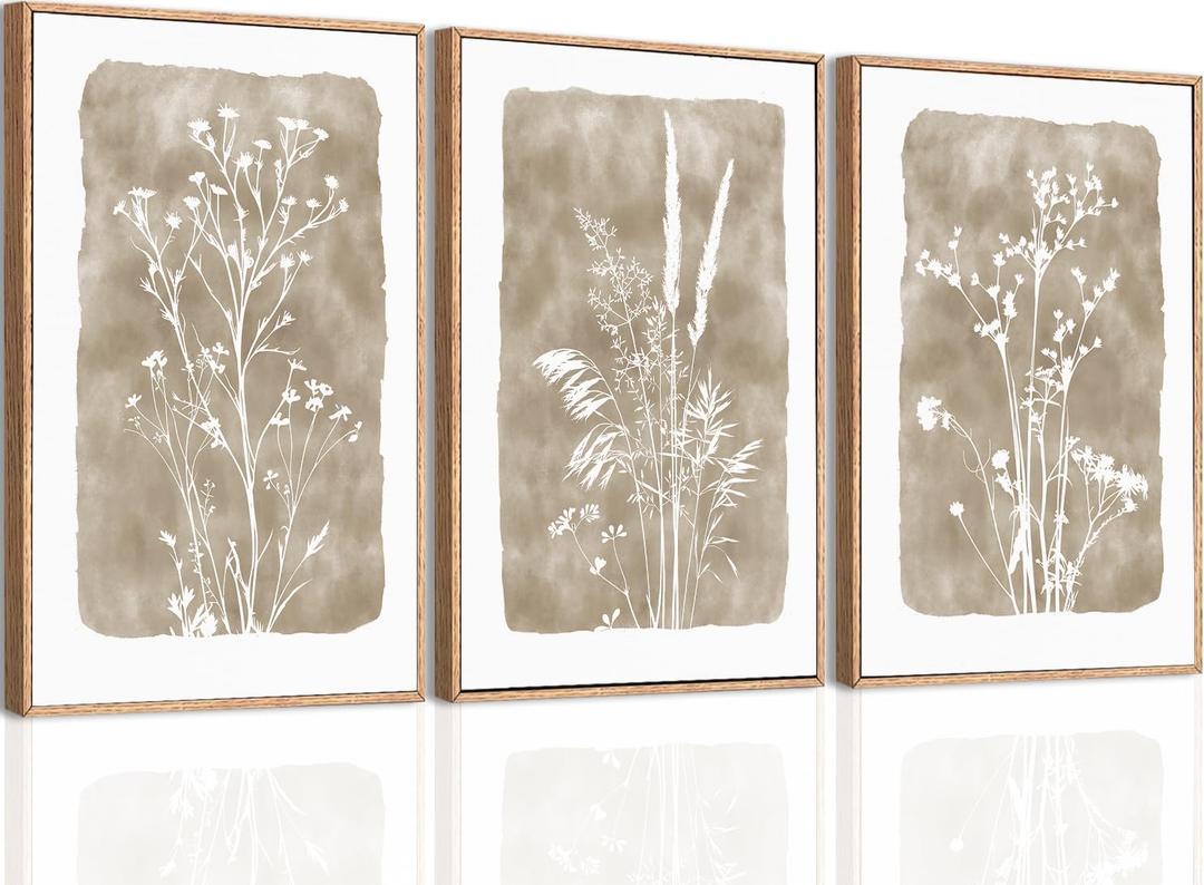 ANHUIB Beige Floral Canvas Wall Art Neutral Botanical Wall Decor 12x16 Inch Set of 3 for Living Room Bedroom Bathroom