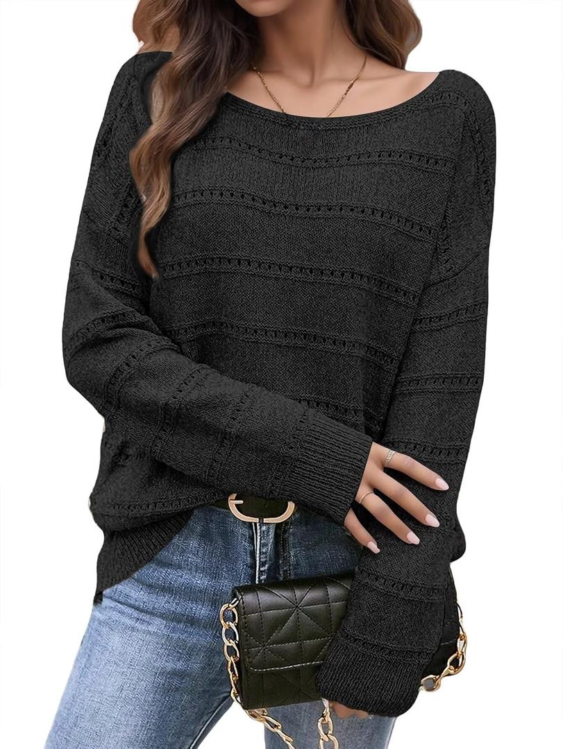 Flamingals Womens Sweaters Cute Long Sleeve Soft Boat Neck Off The Shoulder Crochet Pullover Dressy Casual Sweater Tops M