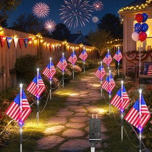 12 Pack 108 LED American Flag Pathway Lights, 4th of July Decoration Outdoor, Waterproof Patriotic USA Flag Stake Lights w/ 8 Modes, Red White Blue Lights for Memorial Day Independence Day
