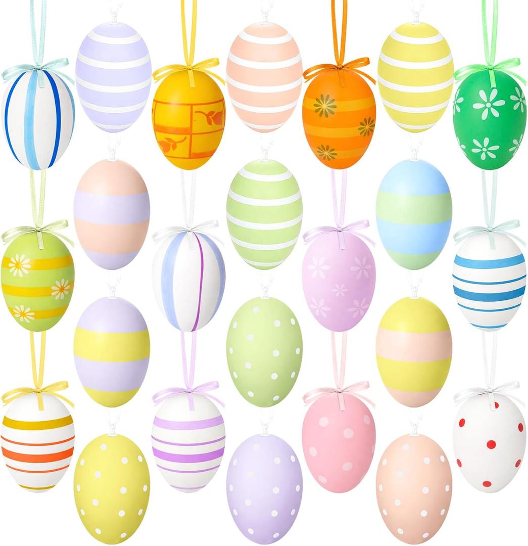 24 Pcs Easter Egg Decorations, Plastic Easter Hanging Ornaments for Trees, Easter Eggs for Indoor Outdoor, Colorful Decorative Eggs for DIY Crafts Party School Office Home Decor Easter Gifts [LNstyle]
