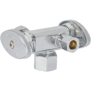 Eastman 3/8 Inch OD Compression x 3/8 Inch OD Compression x 1/2 Inch FIP Multi-Turn Dual Handle Three Way Stop Valve, Brass Plumbing Fitting, Chrome, 04325LF