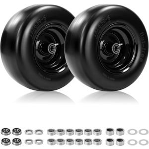 13x6.5-6 Flat Free Lawn Mower Tire and Wheel, 13x6.50-6 Solid Smooth Replacement Front Tires for Zero Turn Lawn Mowers, with 3/4" & Extra 5/8" Bearings, 4"-8.2" Centered Hub, Black Rim, 2 Pack