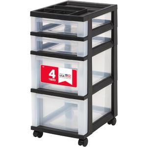 IRIS USA Plastic Drawer Storage Organizer Rolling Cart, with Wheels Casters, 4-Drawers, for Classroom Art Craft Supplies Dresser Closet Bathroom Laundry Room, Black/Clear