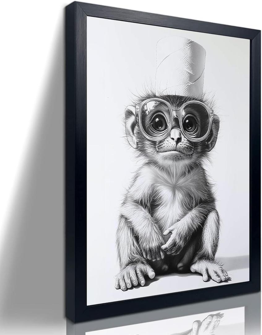 Orvannaatr Monkeys wearing glasses - black and white cartoon illustration Fun home decor canvas print with frame Suitable for bedrooms, kitchens and bathrooms Frameed animal art piece