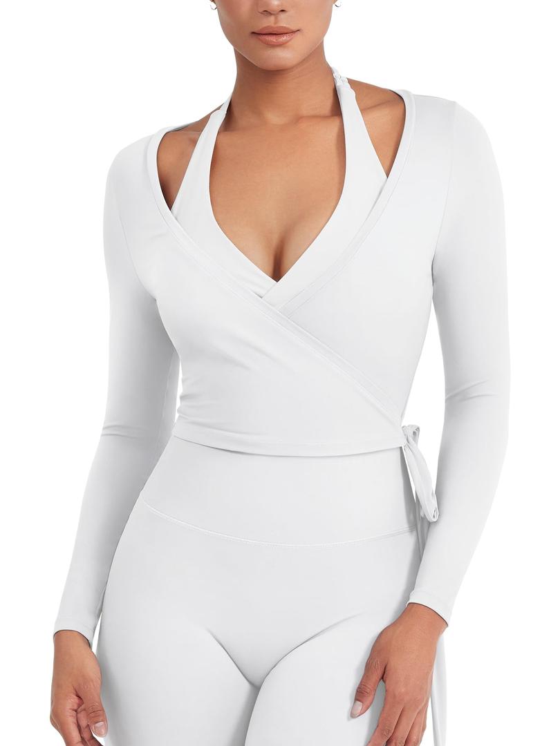 YEOREO Women Pilates Wrap Top Long Sleeve Tie Ballet Workout Yoga Shirt Michelie Y2K V Neck Cropped Tops, S