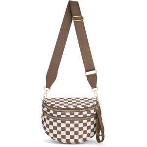 Lushandy Bum Bag Women's Checkered Crossbody Bag Nylon Cross Body Bags Plaid Mom Everyday Purse for Travel (05-white and Brown)