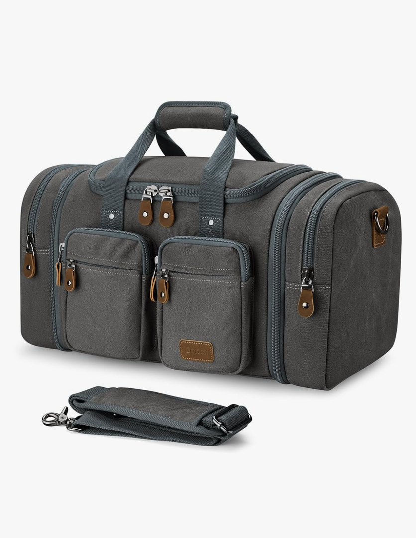 Conex Canvas Duffle Bag for Travel, Expandable Water Resistant 50L Carry on Duffel Overnight Weekender Gym Bag with Wet Dry Separation Pocket & Suitcase Handle Sleeve, Grey