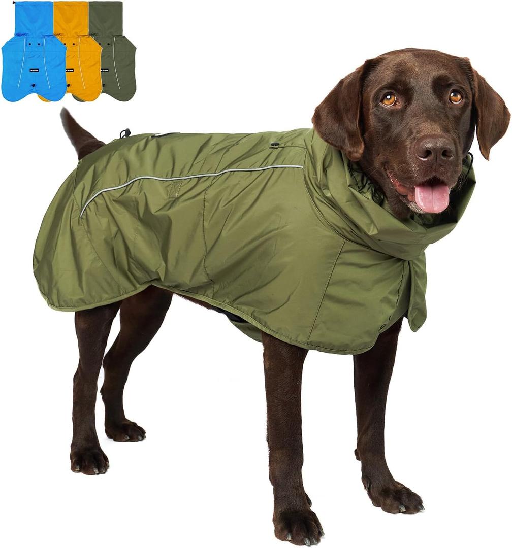 Tuff Pupper Waterproof Dog Raincoat | Full-Body Windproof Rain Jacket for Dogs | Reflective Strips | Breathable Mesh Lining | Adjustable Fit | Leash Port (Olive, XL) (60-80 lbs)