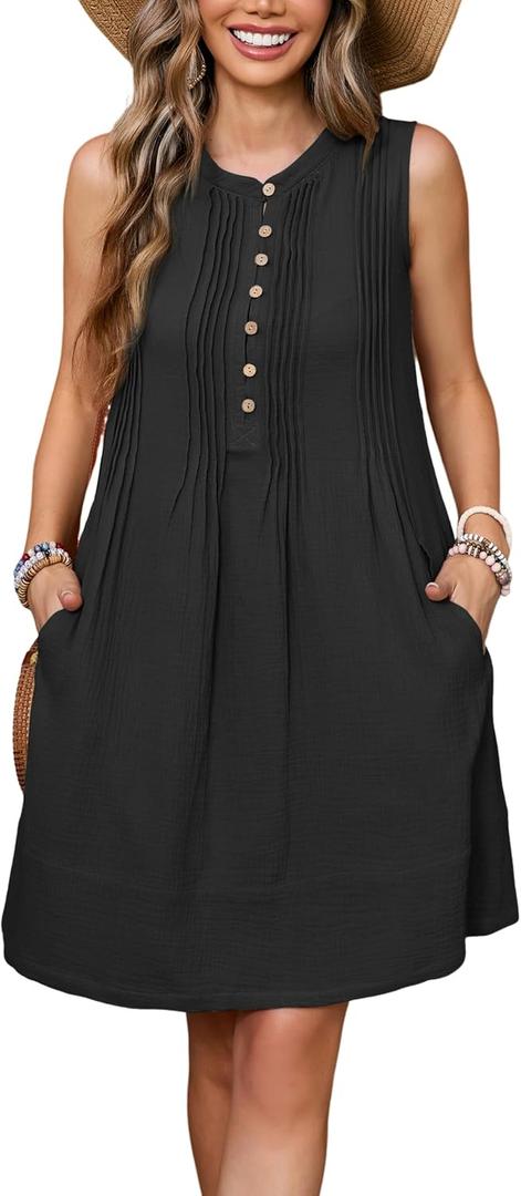 R.Vivimos Sleeveless Cotton Casual Dresses for Women Summer 2025 Button Up Ruched Loose Tunic Mini Dress with Pockets (Small, Black) R.Vivimos Sleeveless Cotton Casual Dresses for Women Summer 2025 Button Up Ruched Loose Tunic Mini Dress with Pockets (Small, Black)