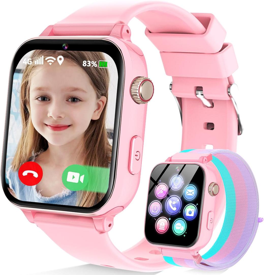 4G Kids Smart Watch Phone GPS, Smartwatch for Boys Girls Ages 4-12 Years with Video Call Chat Class Mode SOS Camera Alarm Games Parental App Touch Watch Gifts for Children (Includes SIM Card) Pink