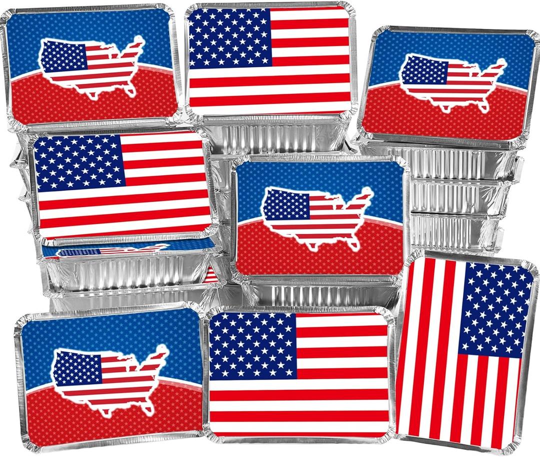 20 Pieces American Flag Foil Containers with Lids,Patriotic Rectangular Treat Foil Containers, Disposable Food Storage Pan for 4th of July Party Decorations Independence Day Decorations Party Supplies