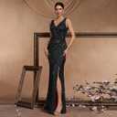 Elegant Long Sequin Formal Dress V-Neck Slit Design, Stretchy Fitted Glamorous (Black, XL)