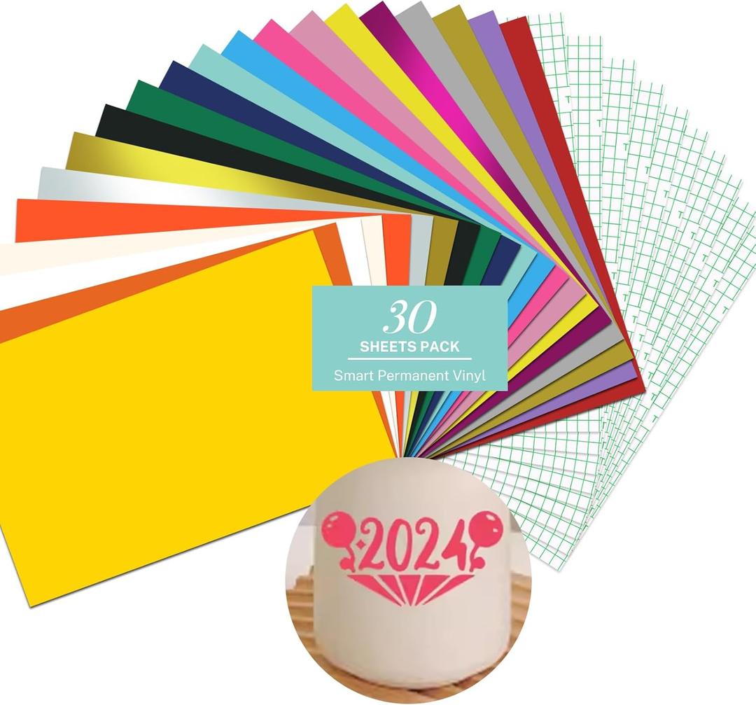 HAWERSI Smart Permanent Adhesive Vinyl 30 Sheets with 20 Colors 12in x 9.5in Vinyl and 10 Transfer Tapes, Compatible with Cricut Joy XtraNo Need Cutting Mat