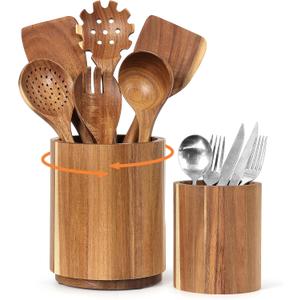 KINGSOW Utensil Holder for Kitchen Countertop: 360 Rotating Wooden Utensil Crocks - Farmhouse Cooking Spoons Organizer