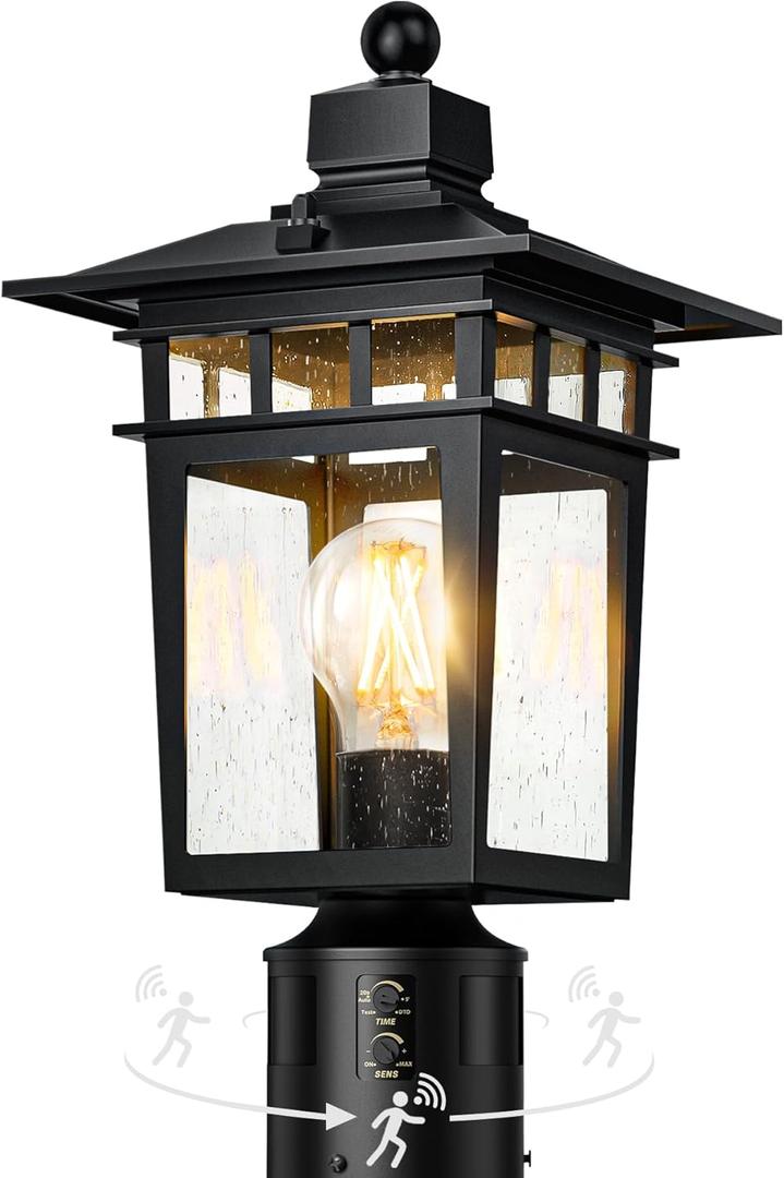 360 Motion Sensor Outdoor Post Lights, 4 Lighting Modes Lamp Post Light Fixture Dusk to Dawn, Waterproof Aluminum Black Pole Light Post Outdoor Lighting for Outside Garden Fence Yard,Hard Wired Black, 14.2-Inch-1 Pack-Motion Sensor