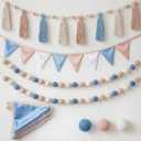Hahafelt 4 Pcs 6.89 ft Pre-Strung Garland Banner Pom Pom Garland Pennant Banner Tassel Pompom Decor Triangle Fabric Bunting for Nursery Baby Shower Birthday Wedding Boho Party(Baby Blue)