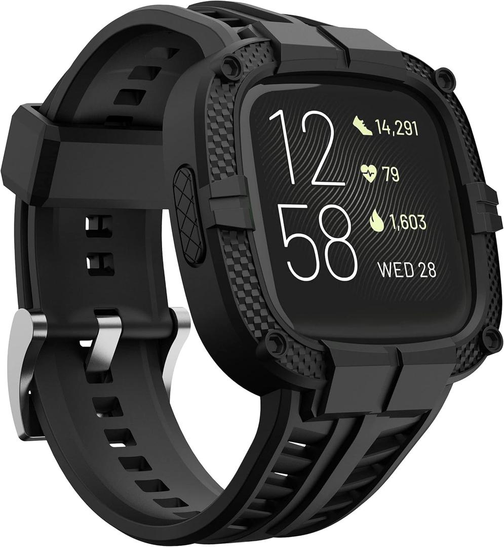 GELISHI Compatible for Fitbit Versa 2 Bands All Round Protective Case Rugged Sport Band Wristbands for Men Women Black