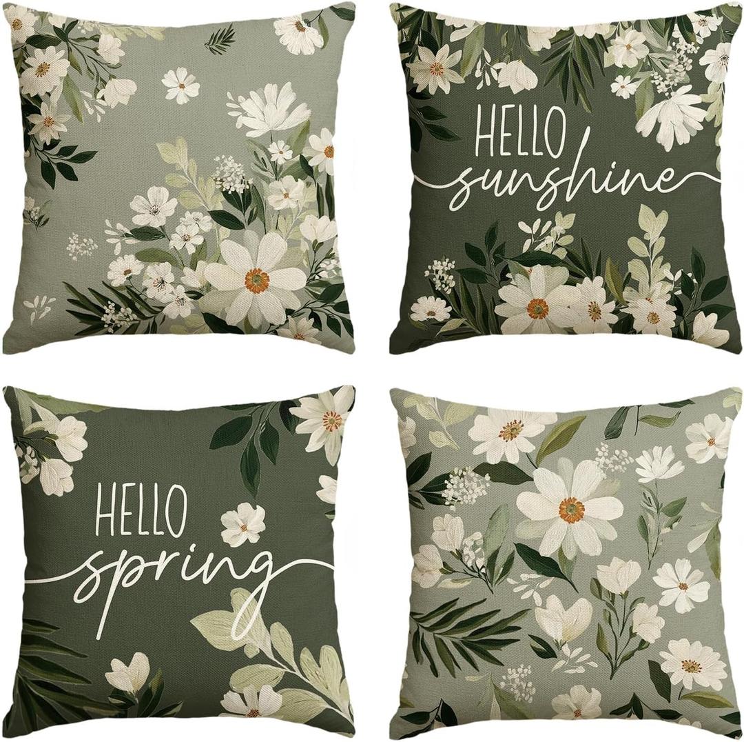 3 x AVOIN colorlife Hello Spring White Daisy Throw Pillow Covers, 16 x 16 Inch Hello Sunshine Eucalyptus Leaves Green Cushion Case Decoration for Sofa Couch Set of 4