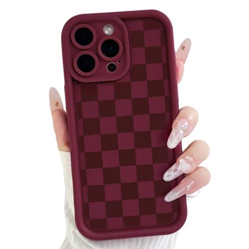 Lovmooful Compatible for iPhone 15 Pro Case Aesthetic Cute Checkerboard Lattice Plaid with Color Design for Girls Women Soft TPU Shockproof Protective Girly for iPhone 15 Pro Case-Wine Red