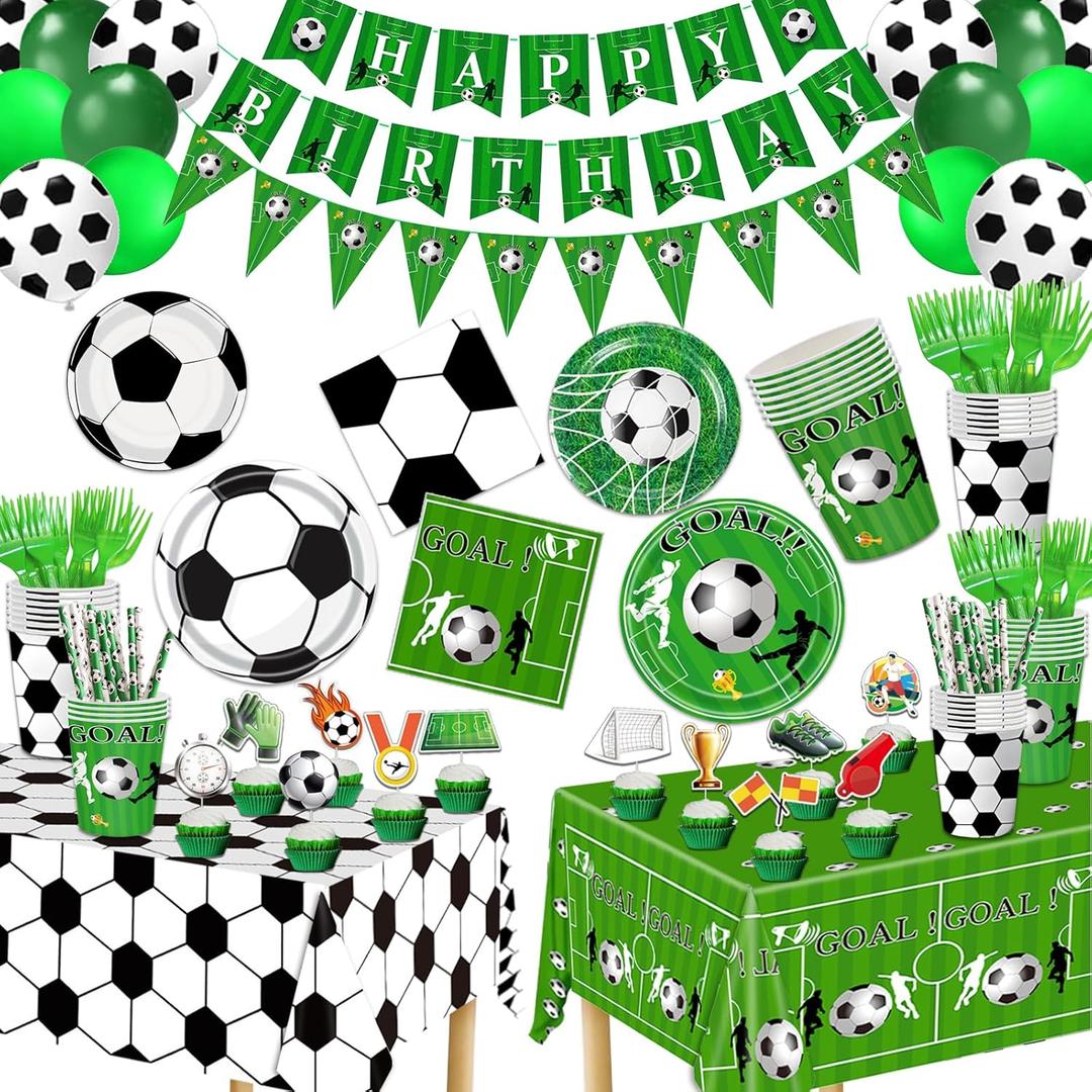 172 Pcs Soccer Party Plates Tableware Set Serves 24 Soccer Party Decorations Supplies Includes Plates Napkins Banner Cups Tablecloth for Soccer Birthday Party Decorations