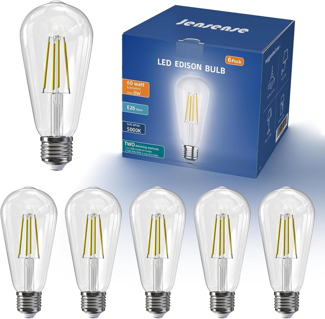 Edison LED Light Bulbs 8Watt Dimmable Light Bulbs 5000K Daylight White, E26 LED Bulb 60watt Equivalent, LED Vintage Bulbs 800lm CRI 90 Clear Glass 6 Packs
